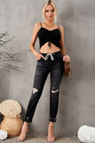 Elastic Waist Straight Leg Destroyed Raw Hem Jeans