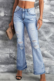 Distressed Mid Waist Ripped Flare Jeans