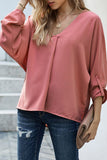 V Neck 3/4 Sleeve High Low Hem Shirt