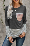 Stripe Pocket Sequins Splicing Long Sleeve O-neck Top