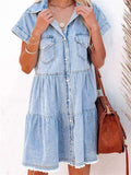 Buttoned Frayed Pocket Short Sleeve Denim Dress