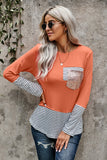 Stripe Pocket Sequins Splicing Long Sleeve O-neck Top
