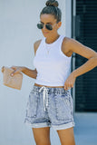 Sky Blue Pocketed Drawstring High Waist Denim Shorts