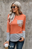 Stripe Pocket Sequins Splicing Long Sleeve O-neck Top