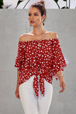 Polka Dot 3/4 Bell Sleeve Off Shoulder Front Tie Knot Top