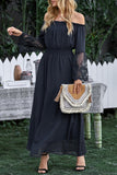 Off Shoulder Embroidered Flared Sleeve Lace Maxi Dress