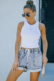 Sky Blue Pocketed Drawstring High Waist Denim Shorts