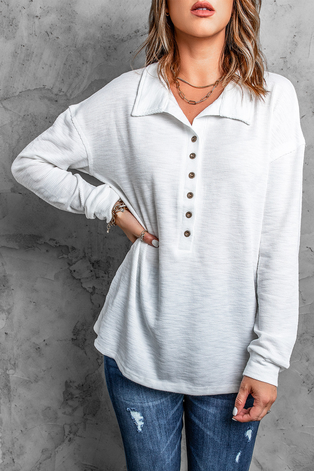 Button Front Turn-down Neck Knit Top