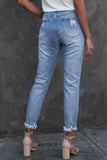 Elastic Waist Straight Leg Destroyed Raw Hem Jeans