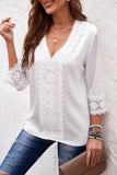 White 3/4 Sleeves Crochet Detail V Neck Blouse