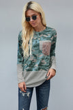 Stripe Pocket Sequins Splicing Long Sleeve O-neck Top