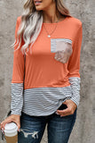 Stripe Pocket Sequins Splicing Long Sleeve O-neck Top