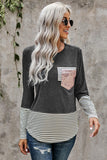 Stripe Pocket Sequins Splicing Long Sleeve O-neck Top