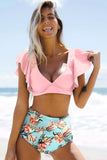 Floral Ruffled Hem High Waist Bikini Set