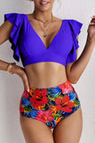 Floral Ruffled Hem High Waist Bikini Set