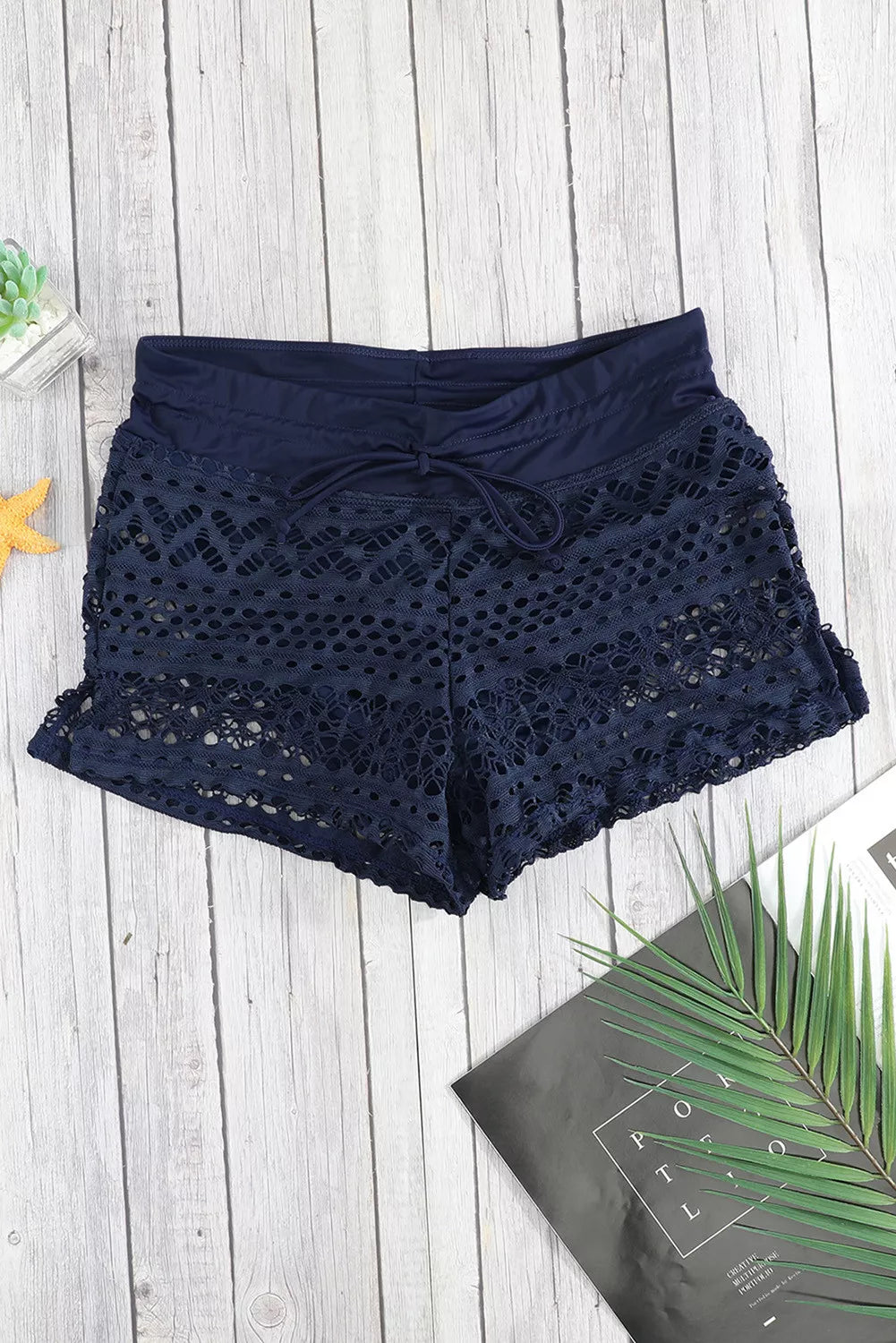 Black Blue Lace Shorts Attached Swim Bottom Lingerie