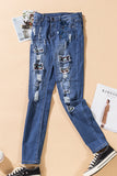 Retro Tribal Pattern Patchwork Distressed Jeans
