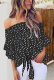 Polka Dot 3/4 Bell Sleeve Off Shoulder Front Tie Knot Top