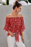 Polka Dot 3/4 Bell Sleeve Off Shoulder Front Tie Knot Top