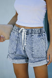 Sky Blue Pocketed Drawstring High Waist Denim Shorts