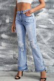 Distressed Mid Waist Ripped Flare Jeans