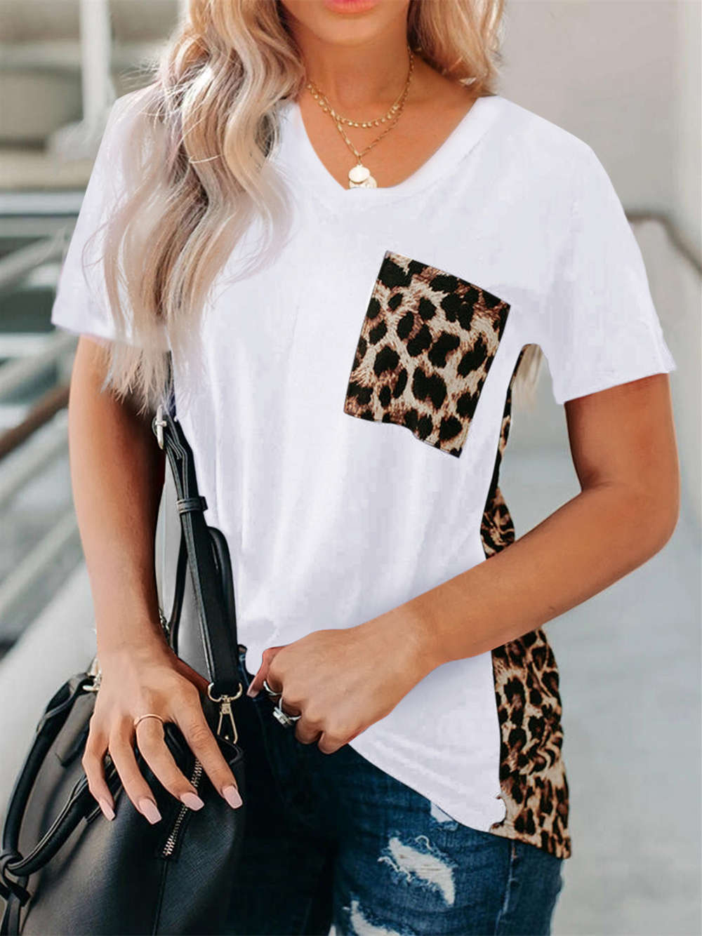 Leopard Printed Splicing T-Shirt