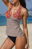 Floral Leopard Halter Camisole and Panty Tankini Set