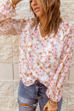 Floral Print V Neck Long Puff Sleeve Top