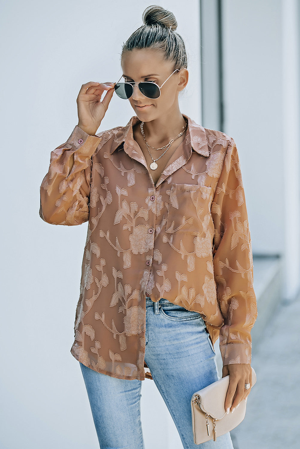 Brown Collared Neck Floral Textured Shirt