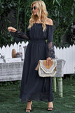 Off Shoulder Embroidered Flared Sleeve Lace Maxi Dress