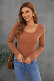 Crewneck Buttons Ribbed Knit Long Sleeve Top