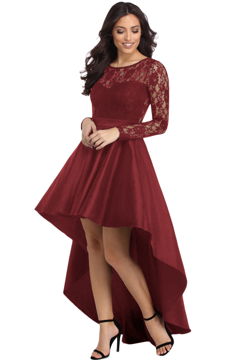 Long Sleeve Lace High Low Satin Prom Dress