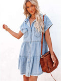 Buttoned Frayed Pocket Short Sleeve Denim Dress
