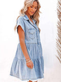Buttoned Frayed Pocket Short Sleeve Denim Dress