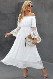 Off Shoulder Embroidered Flared Sleeve Lace Maxi Dress