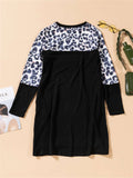 Leopard Print Splicing Long Sleeve Mini Dress