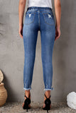 Elastic Waist Straight Leg Destroyed Raw Hem Jeans