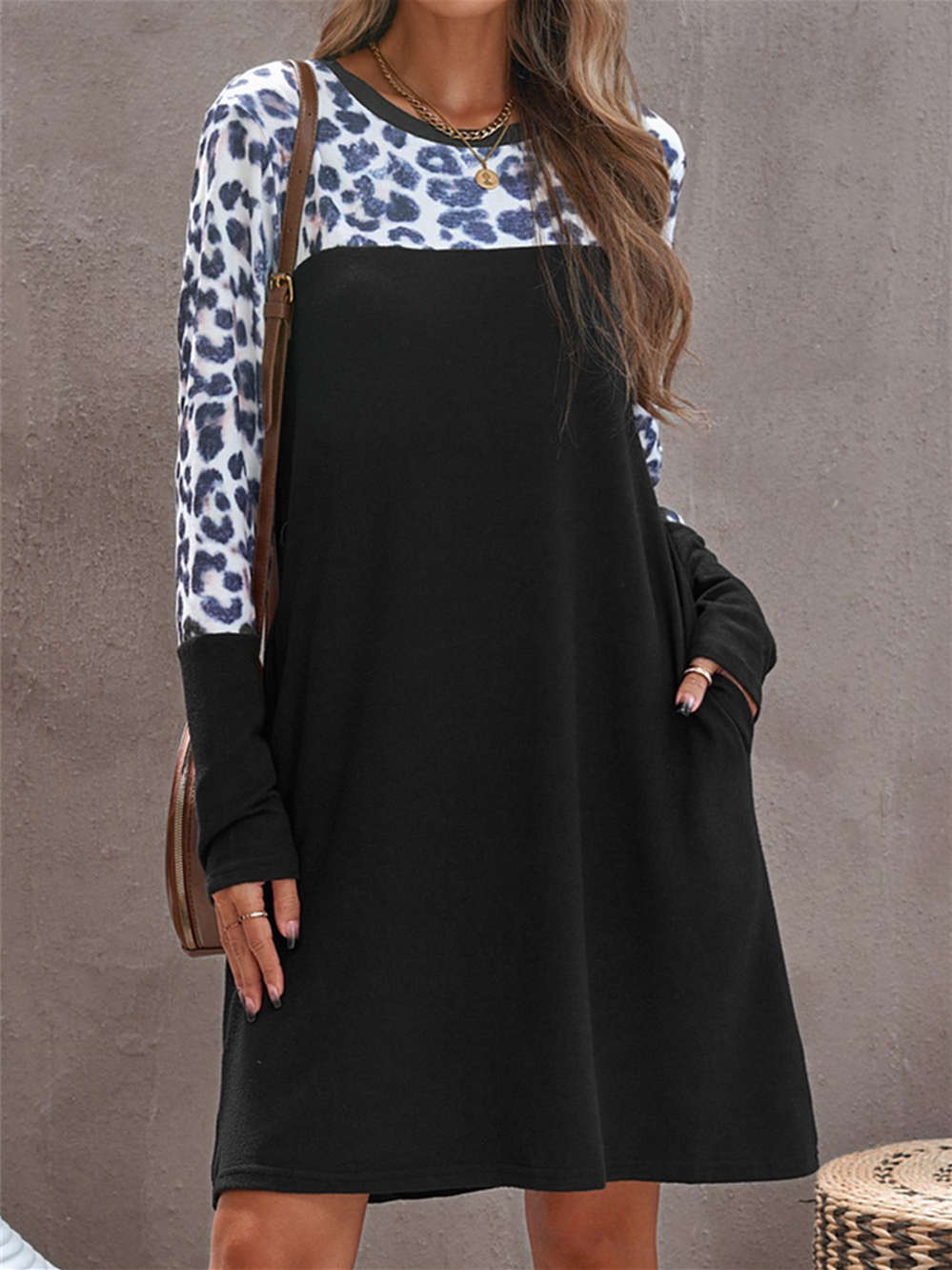 Leopard Print Splicing Long Sleeve Mini Dress