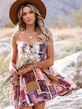 Spaghetti Straps Floral Patchwork Flare Mini Dress