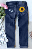 Blue Sunflower Leopard Pattern Patchwork Distressed Jeans