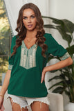 Deep V-neck Half Sleeve Embroidery Patch Blouse