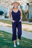 Dark Blue Spaghetti Straps Wide Leg Pocketed Jumpsuits