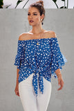 Polka Dot 3/4 Bell Sleeve Off Shoulder Front Tie Knot Top