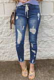 Drawstring Elastic Waist Hole Ripped Jeans