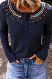 Navy Blue Embroidered Round Neck Waffle Top
