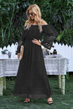 Off Shoulder Embroidered Flared Sleeve Lace Maxi Dress