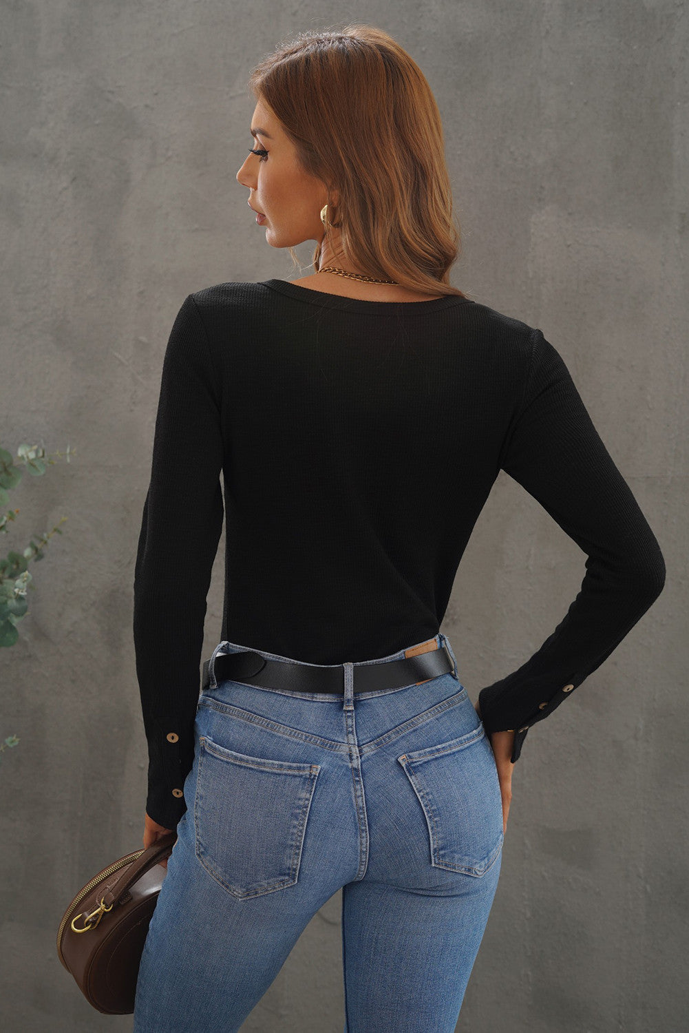 Crewneck Buttons Ribbed Knit Long Sleeve Top