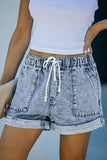 Sky Blue Pocketed Drawstring High Waist Denim Shorts