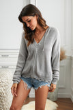 Zipper V-neck Dropped Sleeve Hooded Solid Sweater