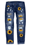 Blue Sunflower Leopard Pattern Patchwork Distressed Jeans